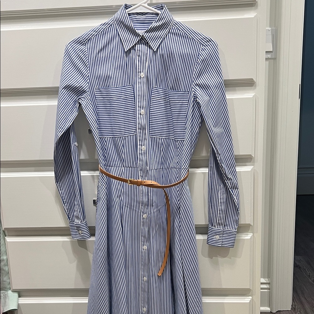 Michael Kors Blue and White Striped Dress with Beige Accent